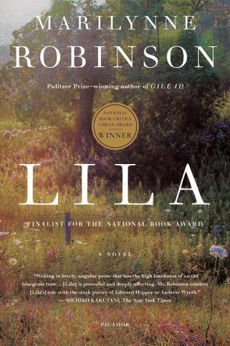 the cover of lila by marilynne robinson, featuring an image of trees and flowers