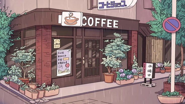 a coffee shop with potted plants on the sidewalk