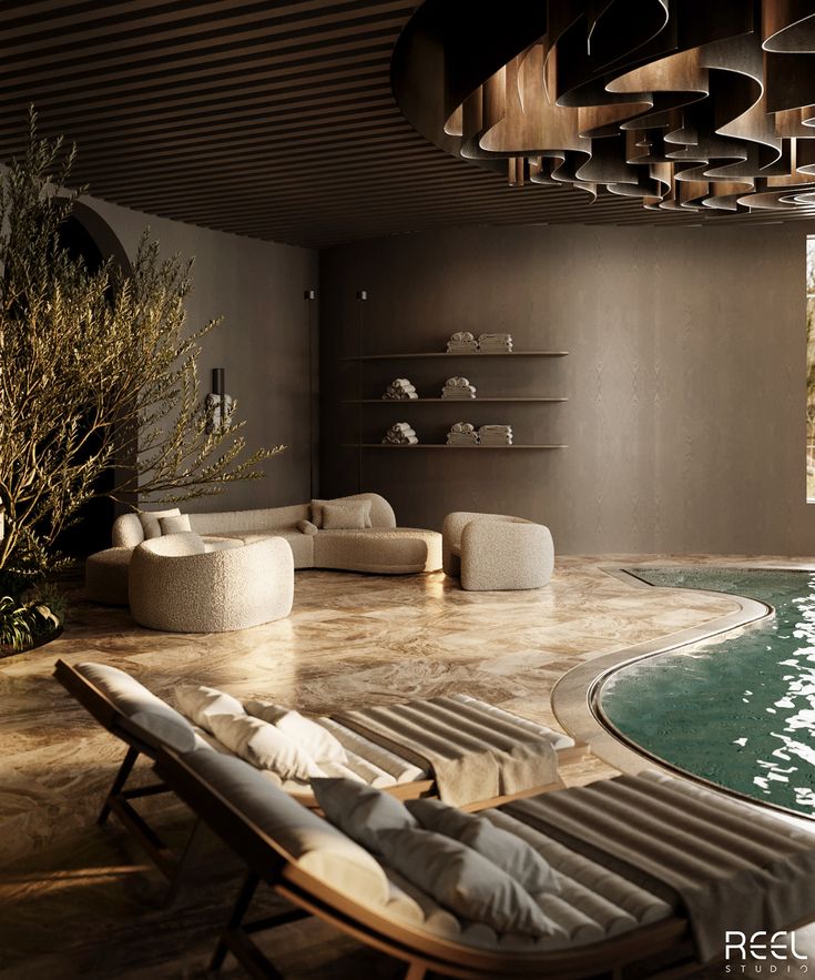 an indoor swimming pool with lounge chairs and shelves on the wall, next to it