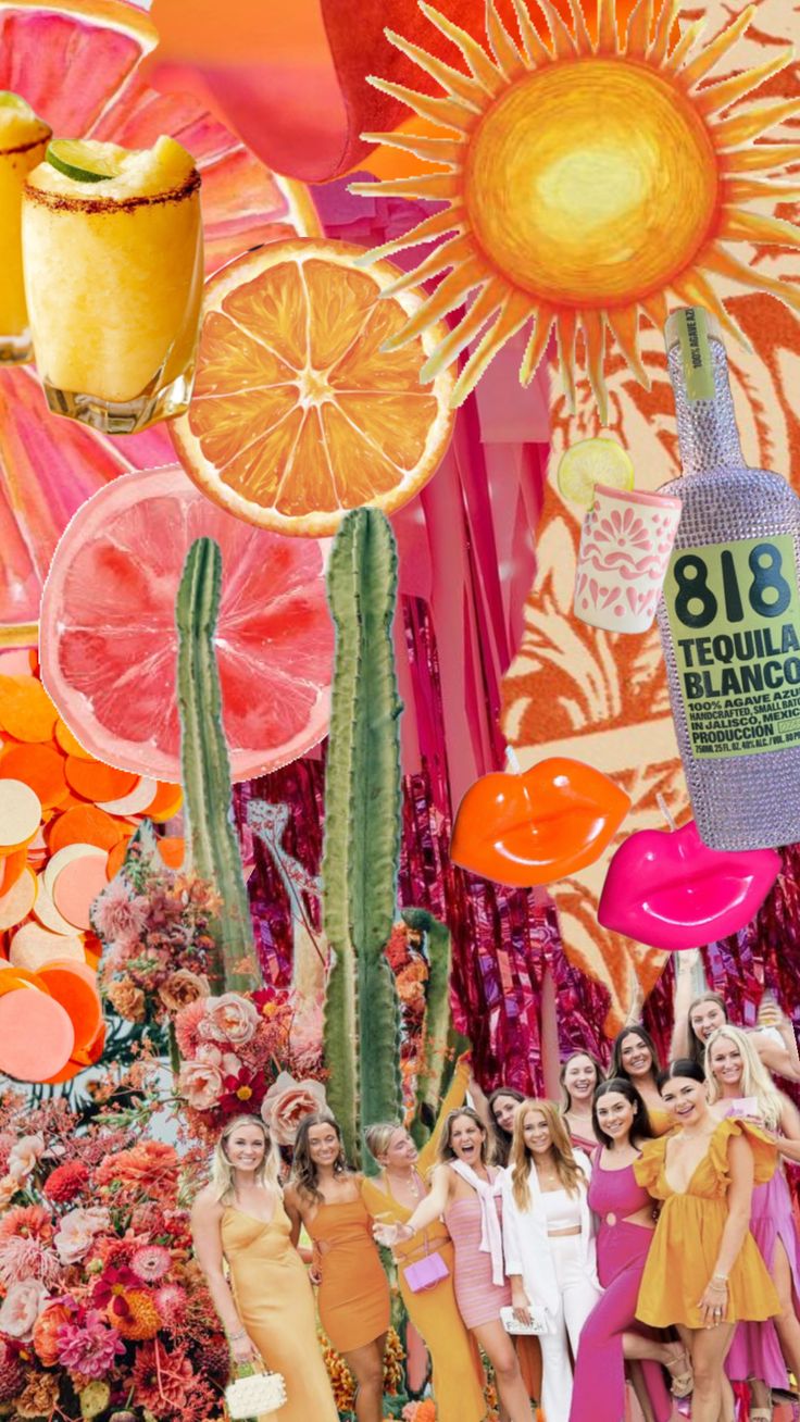 the models are posing in front of an assortment of fruit and flowers, including oranges