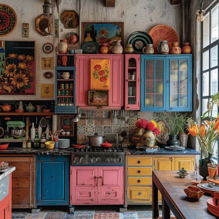 a kitchen with many colorful cabinets and cupboards on the wall, including an oven