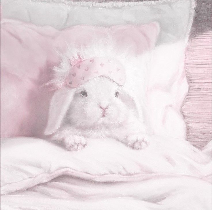 a small white rabbit sitting on top of a pink bed covered in blankets and pillows