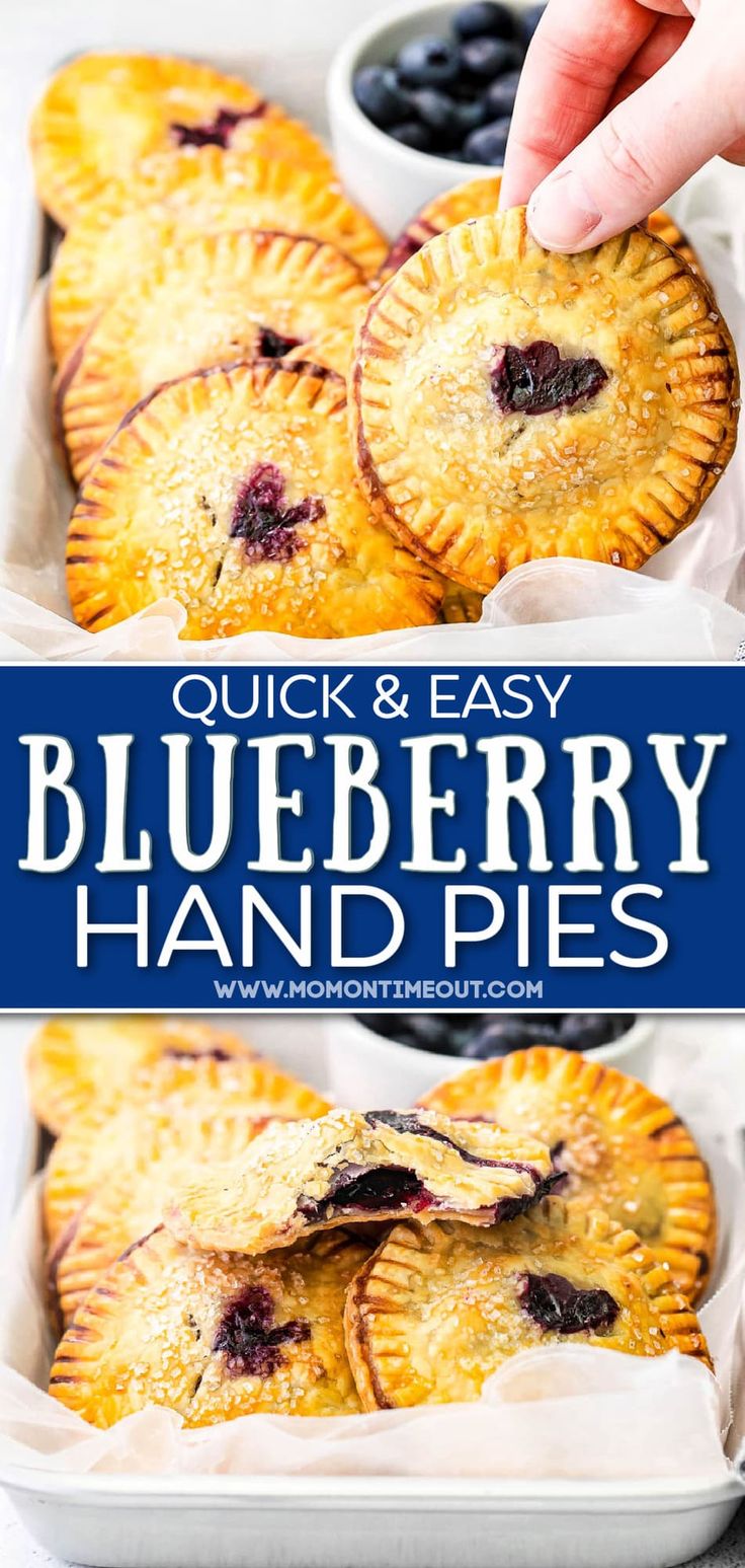 blueberry hand pies in white baking pan with text overlay