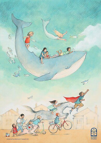 children are riding on the back of a whale while others fly around it in the sky