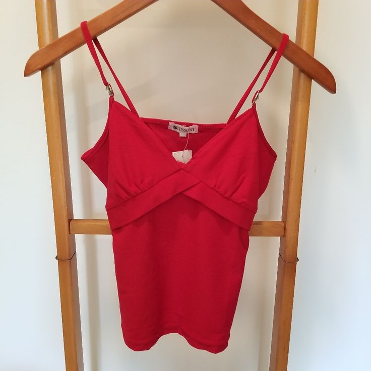 Sussan Red Spaghetti Strap Shirt No Adjustable Straps Size Small Metal Accents On Straps Camisole Top Cami Top 14.25 Inch Pit To Pit Valentine’s Day Spaghetti Strap Shirt, Red Spaghetti, Metal Accents, Metallic Accents, Cami Top, Cami Tops, Shirt Color, Spaghetti Strap, Camisole Top