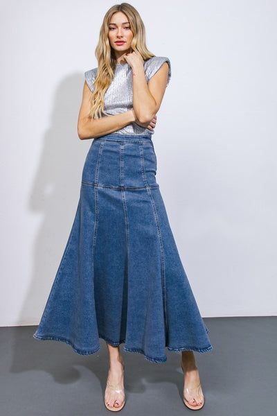 Washed denim skirt with side zipper closure and midi length.  68% Cotton, 30% Polyester, 2% Spandex Midi Denim Skirt, Non-stretch Full Length Denim Blue Skirt, Non-stretch Long Denim Skirt, Chic Full-length Denim Skirt In Medium Wash, Medium Wash Midi-length Denim Skirt, Full-length Denim Blue Cotton Skirt, Skirt Jumpsuit, Denim Midi Skirt, Swimsuit Cover