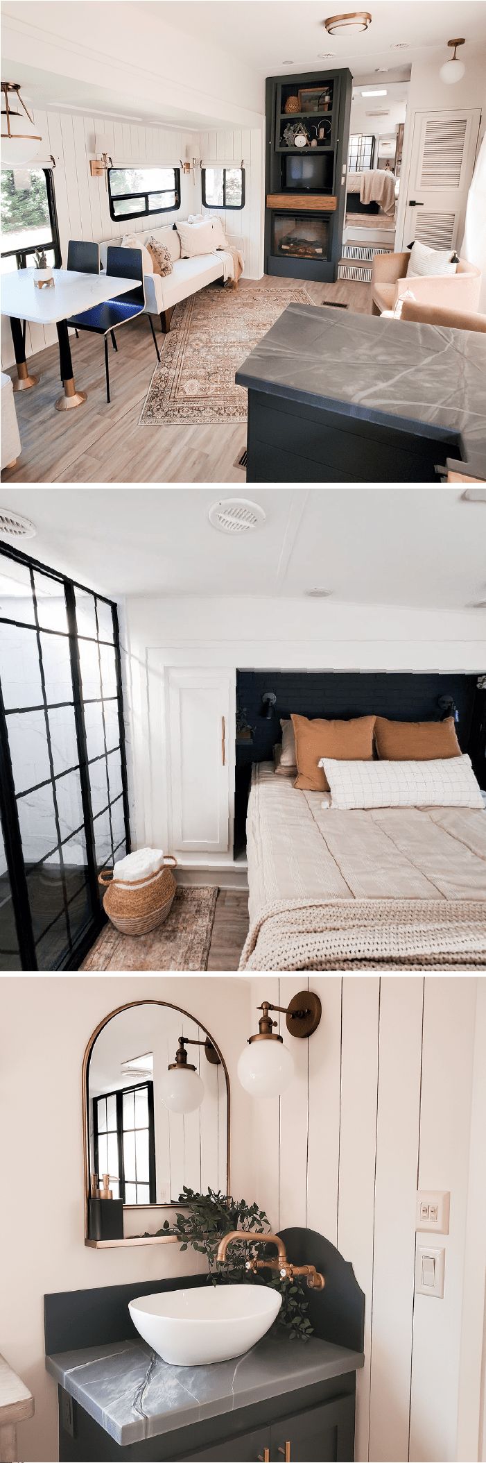 the interior and exterior of a home with white walls, wood floors and black furniture