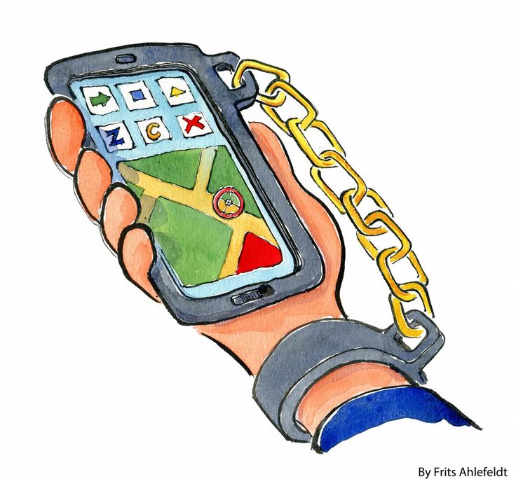 a drawing of a hand holding a cell phone with a chain attached to the screen