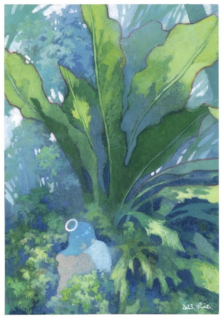 a painting of a large leafy plant with blue and green foliage in the background