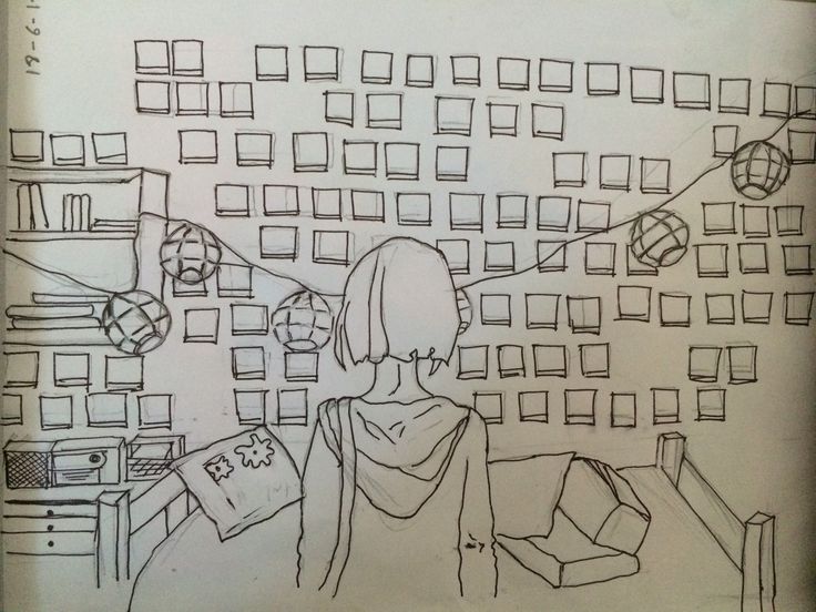 a drawing of two people standing in front of a wall with cubes on it