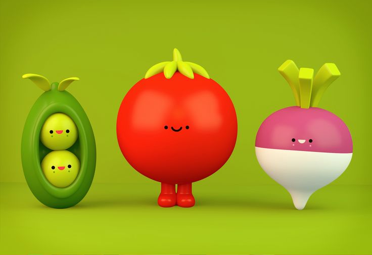 three fruits and vegetables with faces drawn on them, all in the same color scheme