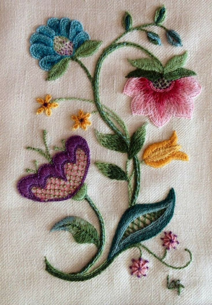 a close up of a piece of cloth with flowers and leaves embroidered on the side