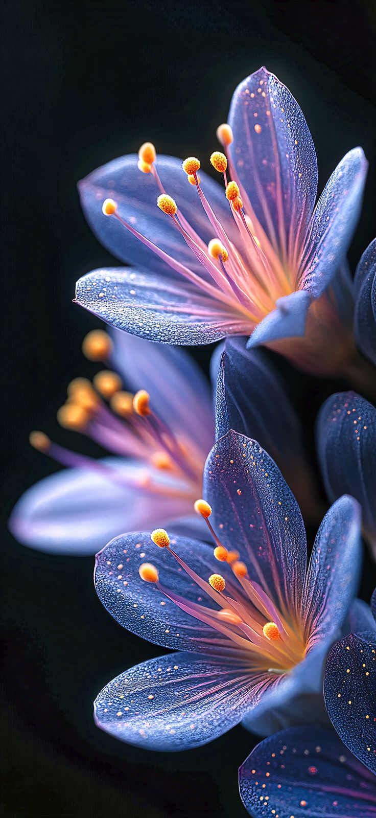 some blue flowers with yellow stamens on them