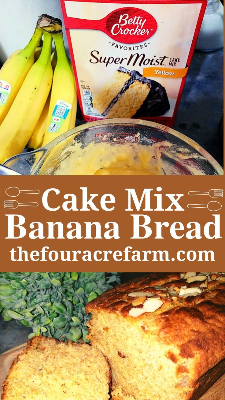 cake mix banana bread on a cutting board with bananas and other food items in the background