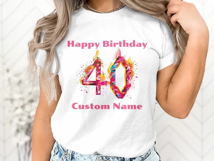 a woman wearing a birthday shirt with the number forty on it