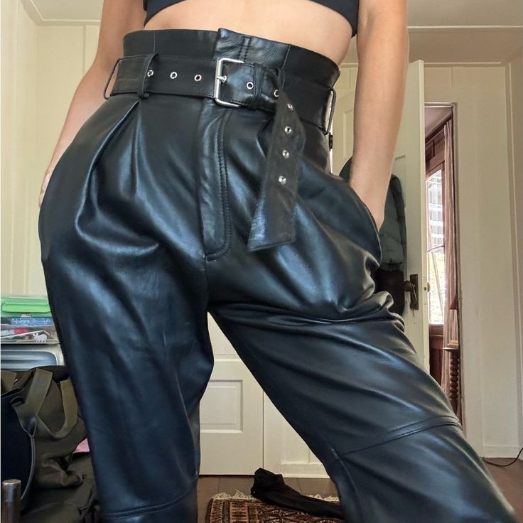 Gorgeous Buttery Leather Tapered And Belted Pants From Song Of Style. No Longer Available. Forever Chic In These! Belted Trousers, Song Of Style, Belted Pants, Jumpsuit Trousers, Style Pants, Leather Belt, Real Leather, Pant Jumpsuit, Pants For Women