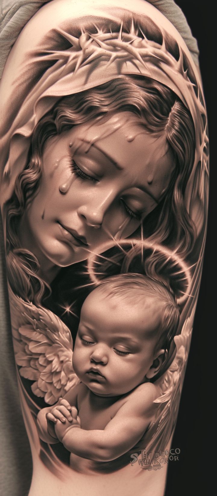 a woman with a tattoo on her arm holding a baby in her arms and the image of an angel above her head