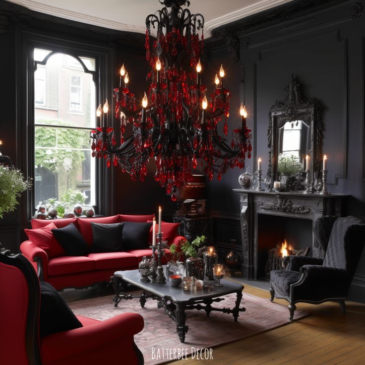 Victorian Gothic living room with large red chandelier. Color Palette For Home, Boho Dining Room, Dark Living Rooms, Interior Vintage, White Interior Design, Modern Victorian, Victorian Decor, Dark Interiors, Gothic Decor