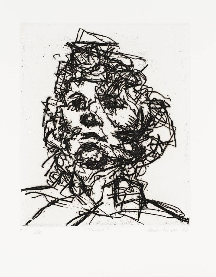 a black and white drawing of a man's face with many lines on it