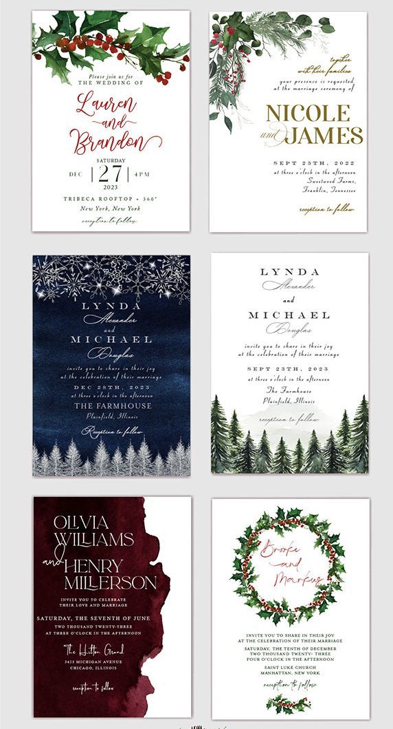 christmas wedding cards with holly wreaths and pine trees on them, all in burgundy and green