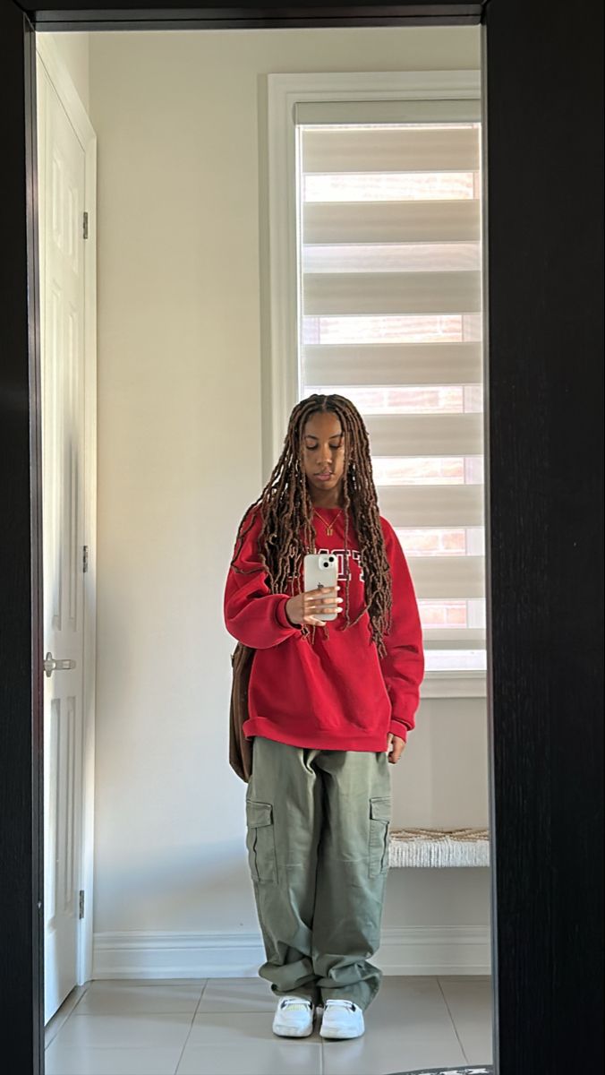 red sweatshirt + green cargos + metallic 4s Colour Combo Fits, Olive And Red Outfit, Green And Red Outfit Aesthetic, Green Cargo Fits, Green Hoodie Outfits, Metallic 4s, Green And Red Outfit, Red Sweatshirt Outfit, Red Hoodie Outfit