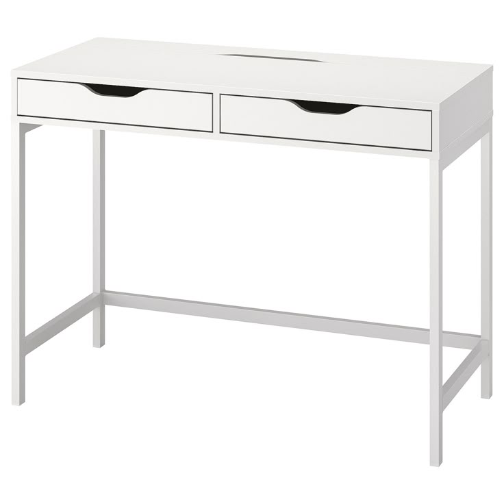 a white desk with two drawers on the top and one drawer open at the bottom