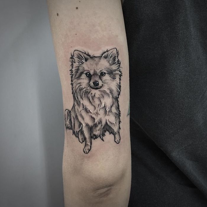 a small dog tattoo on the arm