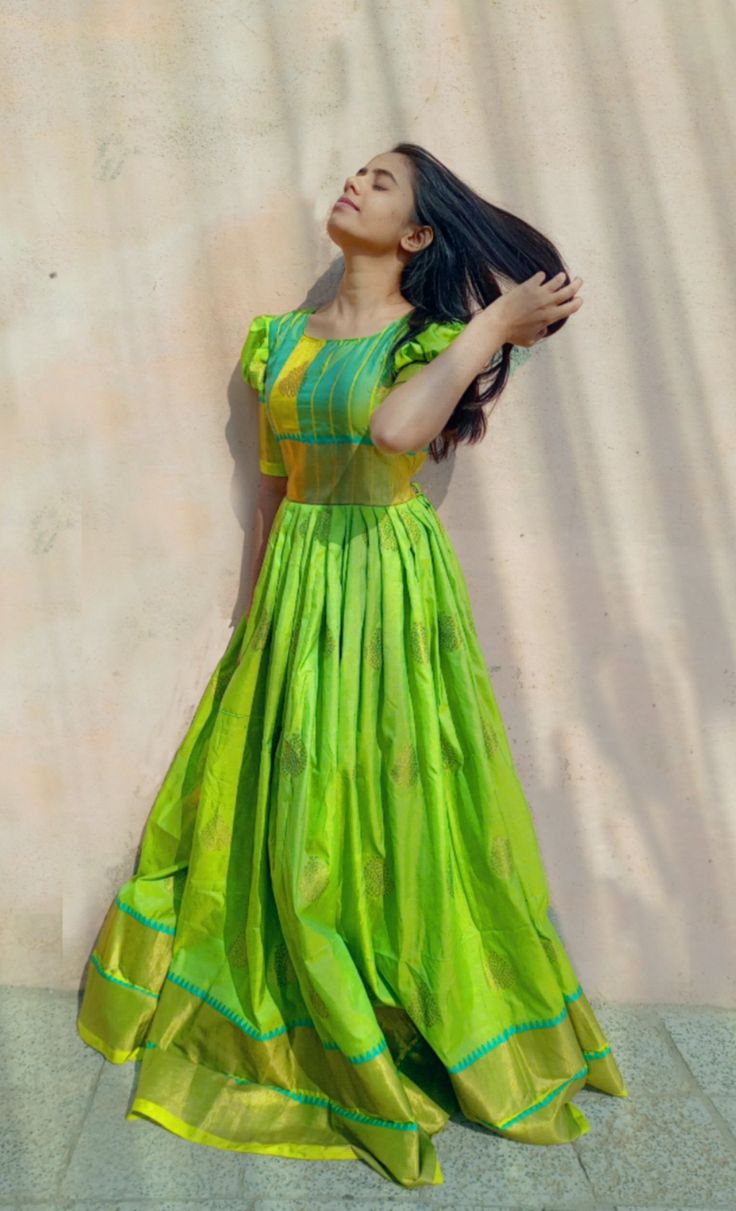 Green Saree Dress Gowns, Paithani One Piece Dress, Paithani Saree One Piece Gown, One Piece Dress Saree, Paithani Frock Design, Dress Patterns From Old Sarees, Semi Paithani Saree, Half Saree From Old Saree, One Piece Dress Of Saree