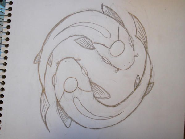 a drawing of two fish in the middle of a circle with their tails curled up