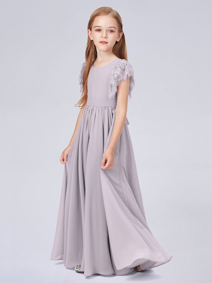 Description: Lace Junior Bridesmaid Dress with Cap Sleeves Details: Silhouette: A-line Fabric: Chiffon&Lace Neckline: Scoop Sleeve Length: Cap Sleeves Embellishment: Pleated Floor-length chiffon dress. With padding and boning. Available in full-size range (J4-J16) and in custom size Ask a question Gray Spring Bridesmaid Dress, Spring Gray Bridesmaid Dress, Gray Short Sleeve Dress For Wedding, Girls Bridesmaid Dresses, Dress With Cap Sleeves, Full Maxi Skirt, Junior Bridesmaid Dress, Dress Order, Dress Dusty