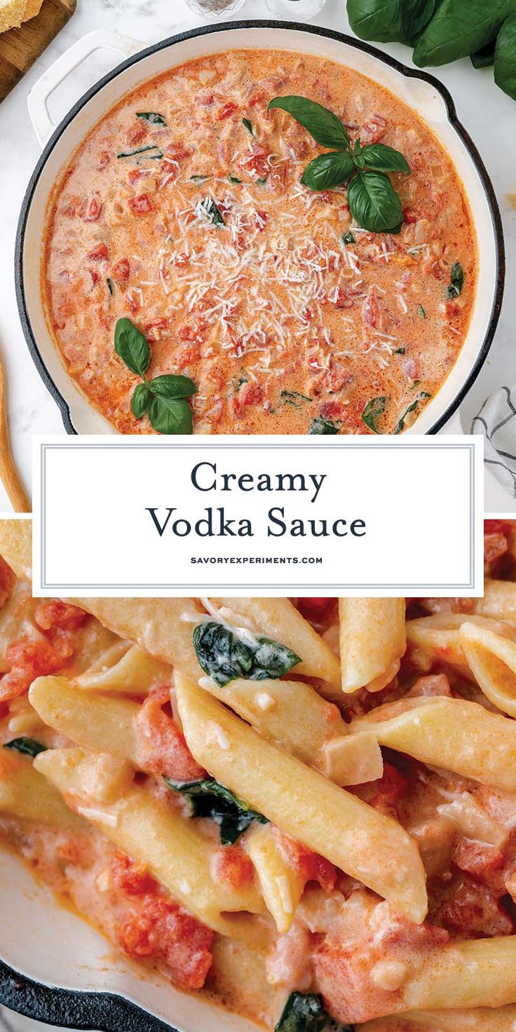 a bowl of vodka cream sauce with pasta and spinach on the side next to it