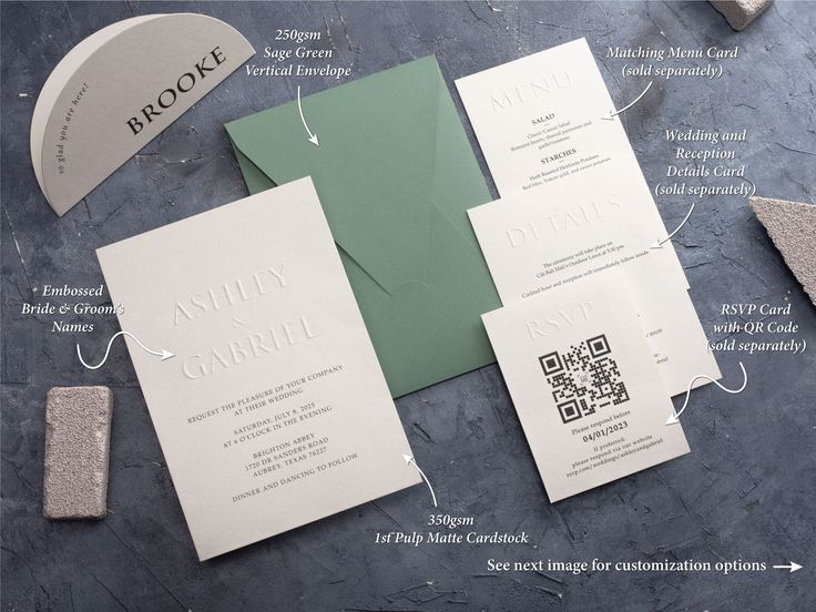 an assortment of wedding stationery and envelopes with information about the details on it