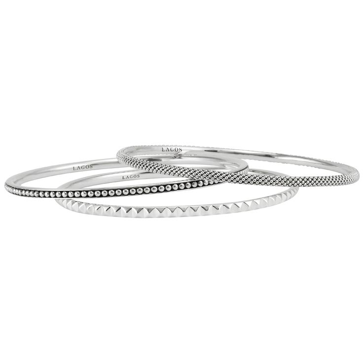 LAGOS Jewelry | Three sterling silver round bangles join to form this versatile bracelet. Two bangles of Caviar beading and one with a sugarloaf motif. Adjustable Stackable White Gold Bangle, Silver Stackable Bangle Jewelry, Modern Stackable Round Bracelets, Modern Stackable Bangle Bracelets, Silver Stackable Sterling Silver Bracelets, Sterling Silver Stackable Round Bracelet, Modern Sterling Silver Bracelet With Silver Beads, Stackable Sterling Silver Bracelet, Stackable Round Sterling Silver Bracelet