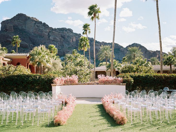 an outdoor ceremony setup with clear chairs and pink flowers on the grass in front of palm trees