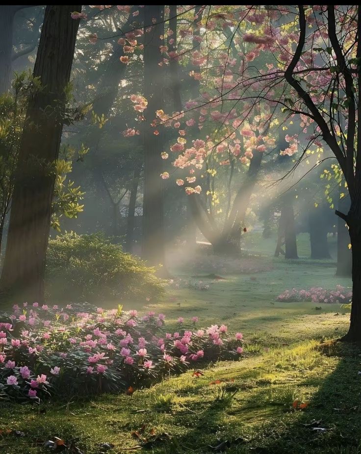 the sun shines through the trees and flowers in this park area with pink azaleas