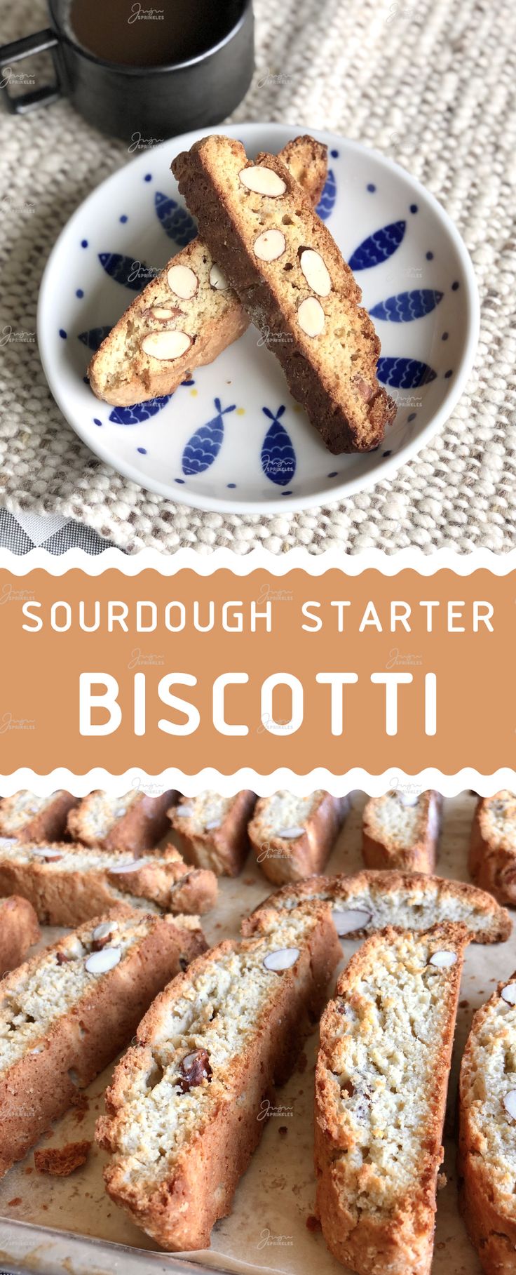 some food is sitting on a plate and next to a cup of coffee with the words, sourdough starter biscotti