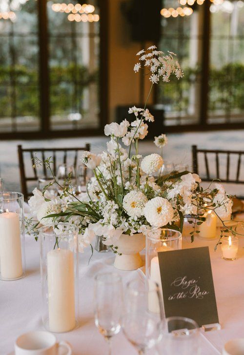 a table with candles and flowers on it