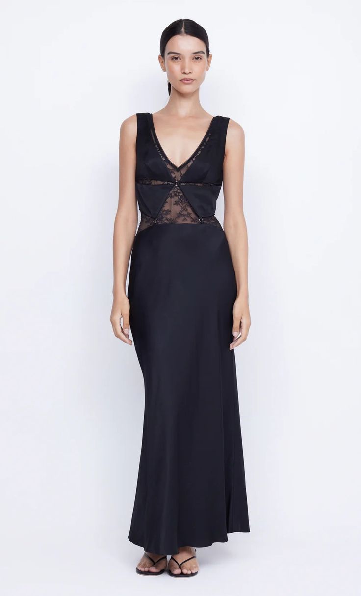 JULIETTE V NECK MAXI DRESS - BLACK – BEC + BRIDGE US Elegant Sheer V-neck Maxi Dress, Formal Sheer Lace Maxi Dress, Elegant Sheer Maxi Length Lace Dress, Elegant Sheer Lace Maxi Dress, Lace Bias-cut Maxi Dress For Evening, Fitted Lace Patchwork Maxi Dress For Evening, Fitted V-neck Slip Dress With Lace Bodice, Elegant Black Gown With Lace Bodice, Floor-length Lace Trim Maxi Dress For Night Out