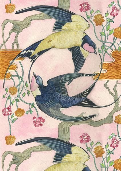 three birds are flying in the air above flowers and branches on a pink wallpaper