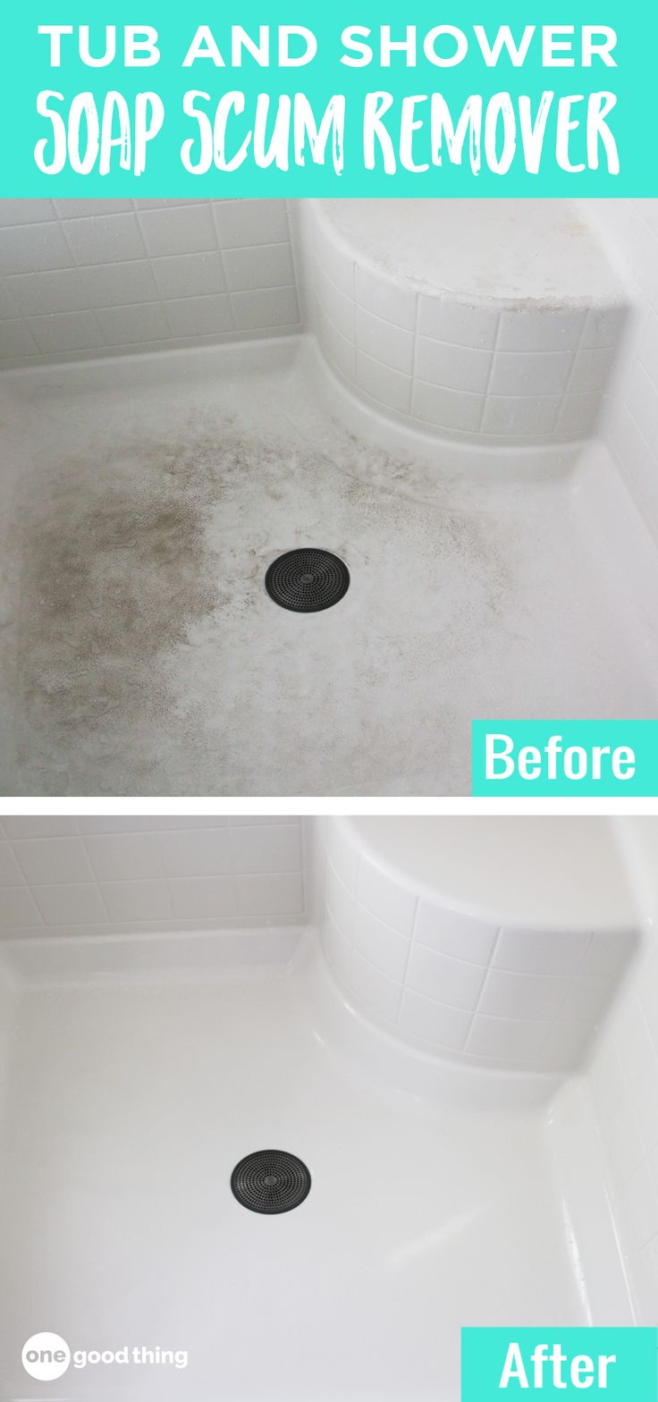 before and after pictures of a shower with soap on the floor, showing how to clean it