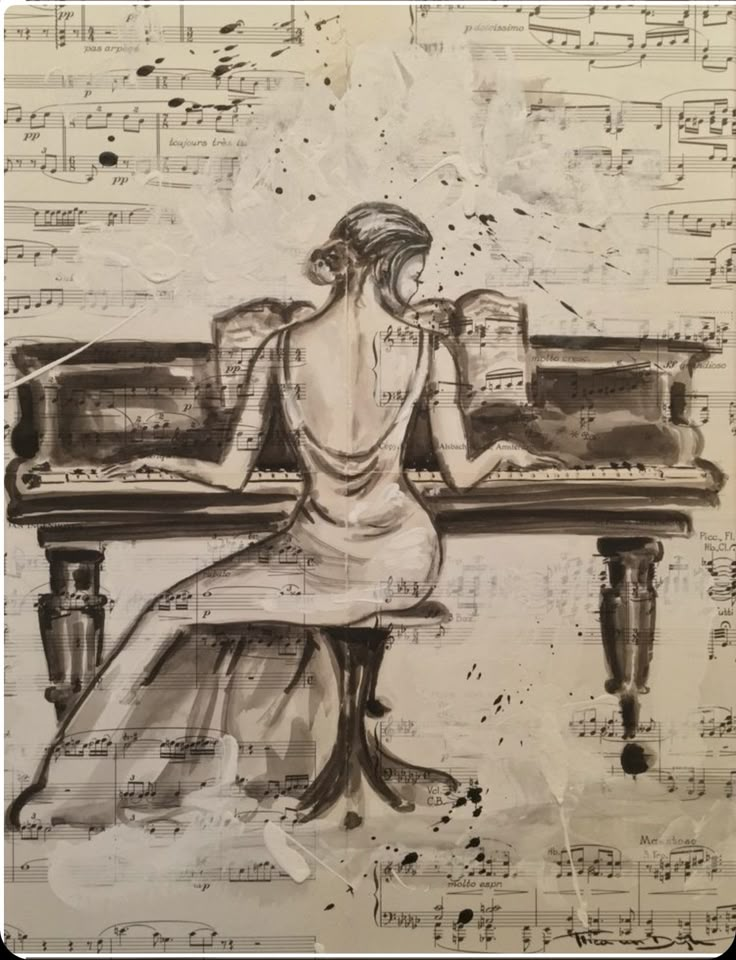 a drawing of a woman sitting at a piano with sheet music in the back ground