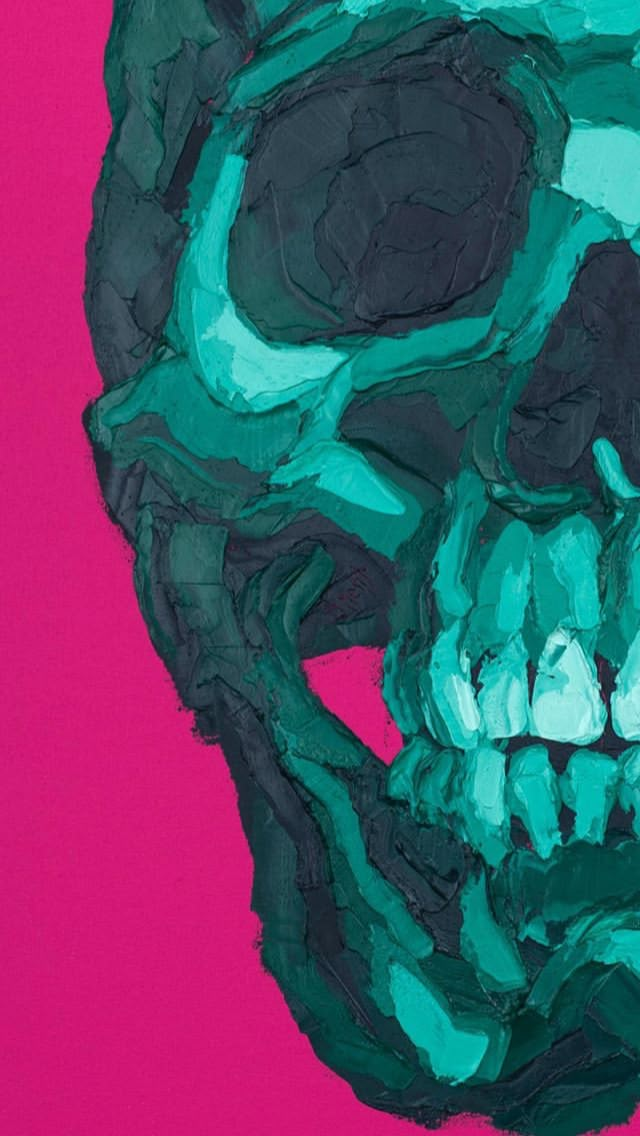 a painting of a skull on a pink background