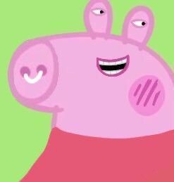 a pink peppo pig with two eyes and mouth wide open, standing in front of a green background