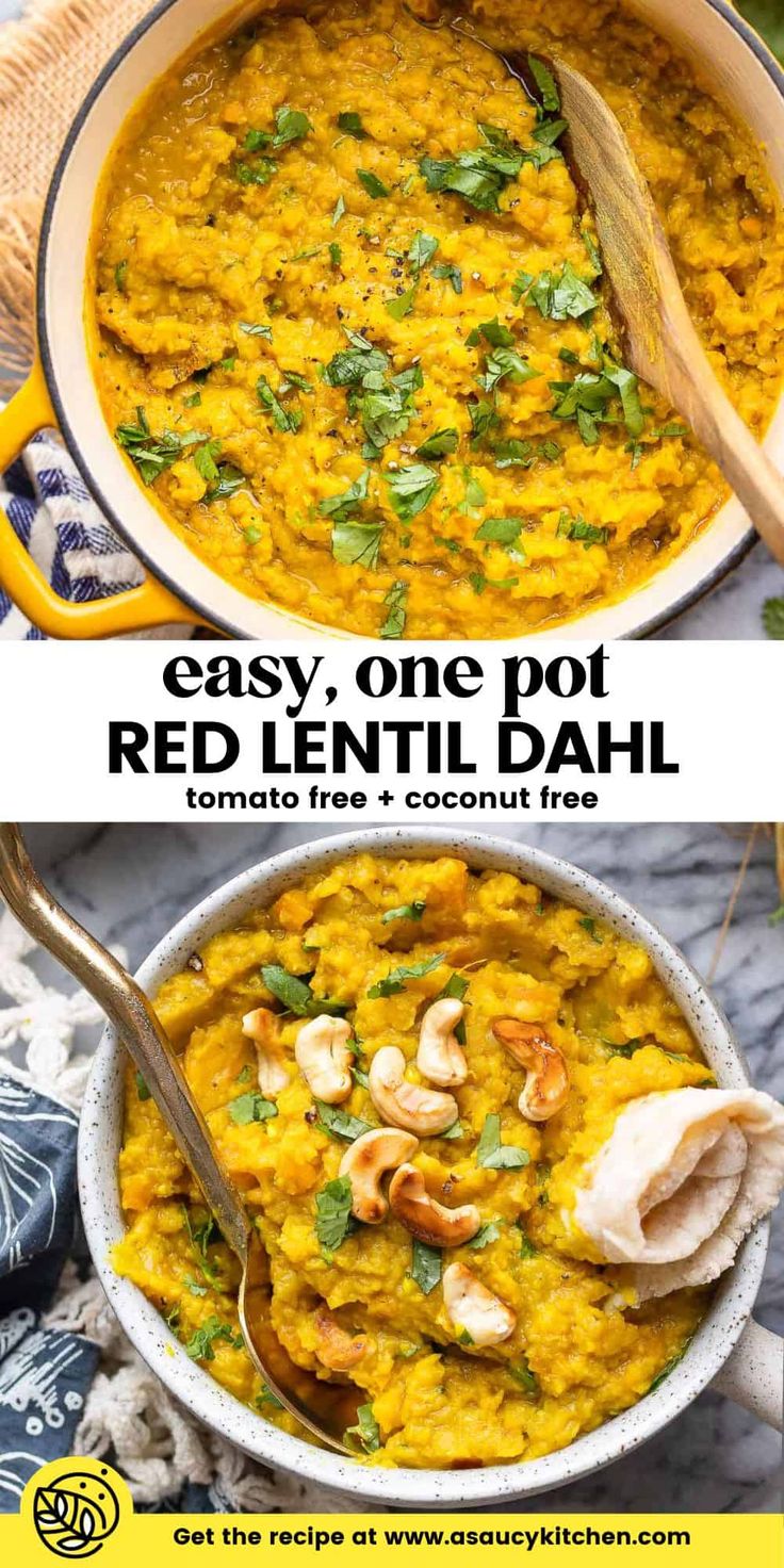 red lentil dali with cashews and parsley in a white bowl