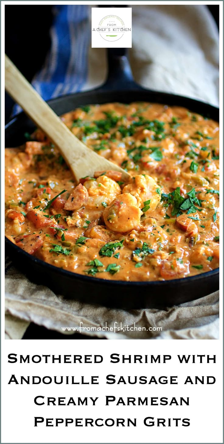 a skillet filled with shrimp and creamed parmesan pepper grits