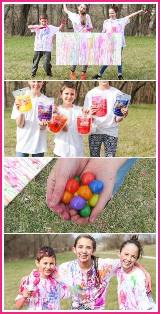 some kids are playing in the park with their easter eggs and watermelon paint