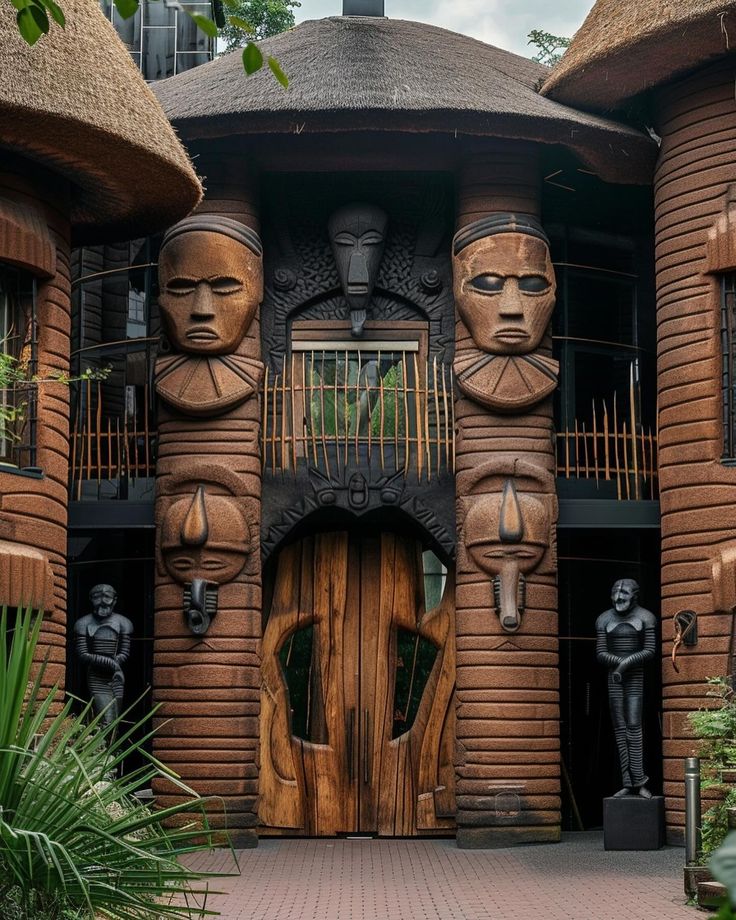 an elaborate wooden building with carved faces on it