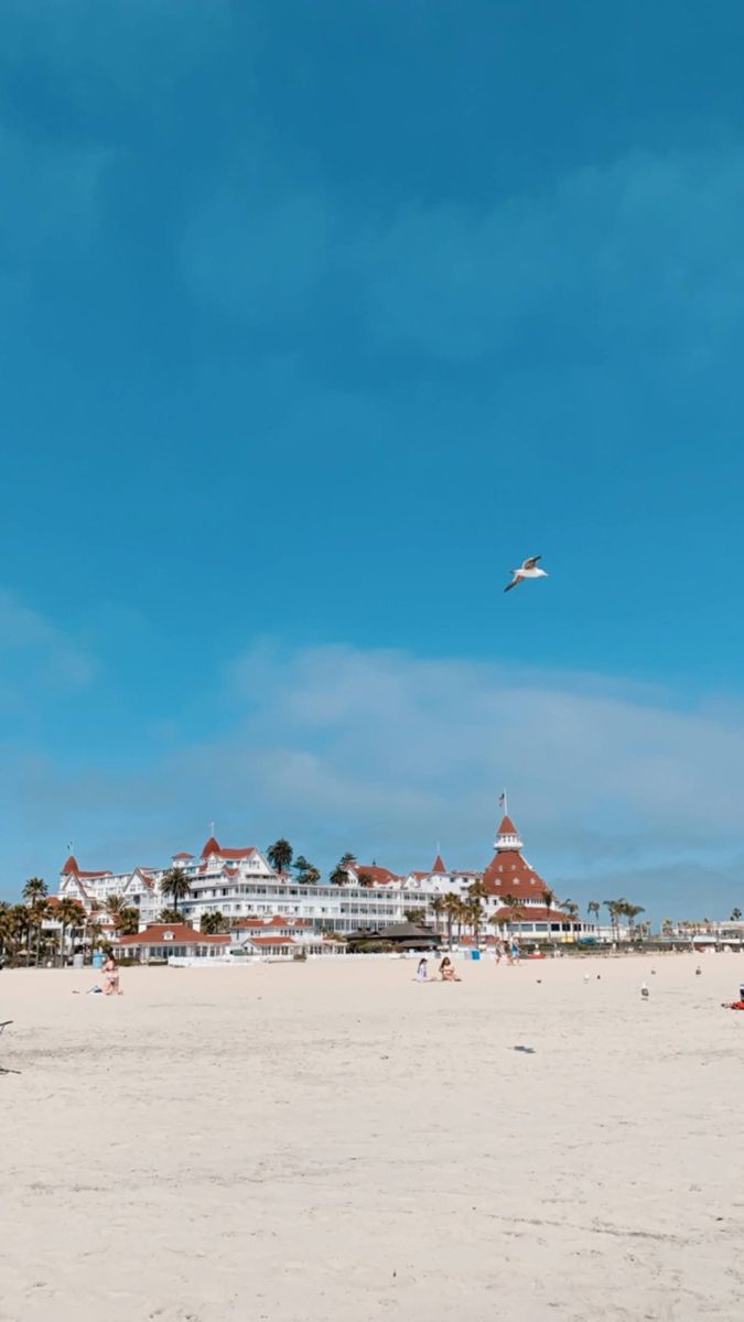 a beach with people on it and a kite flying in the blue sky above them