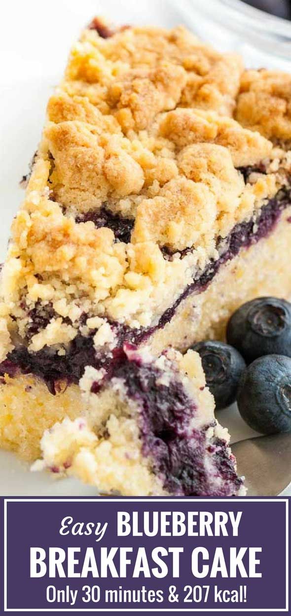 easy blueberry breakfast cake on a plate with fresh blueberries