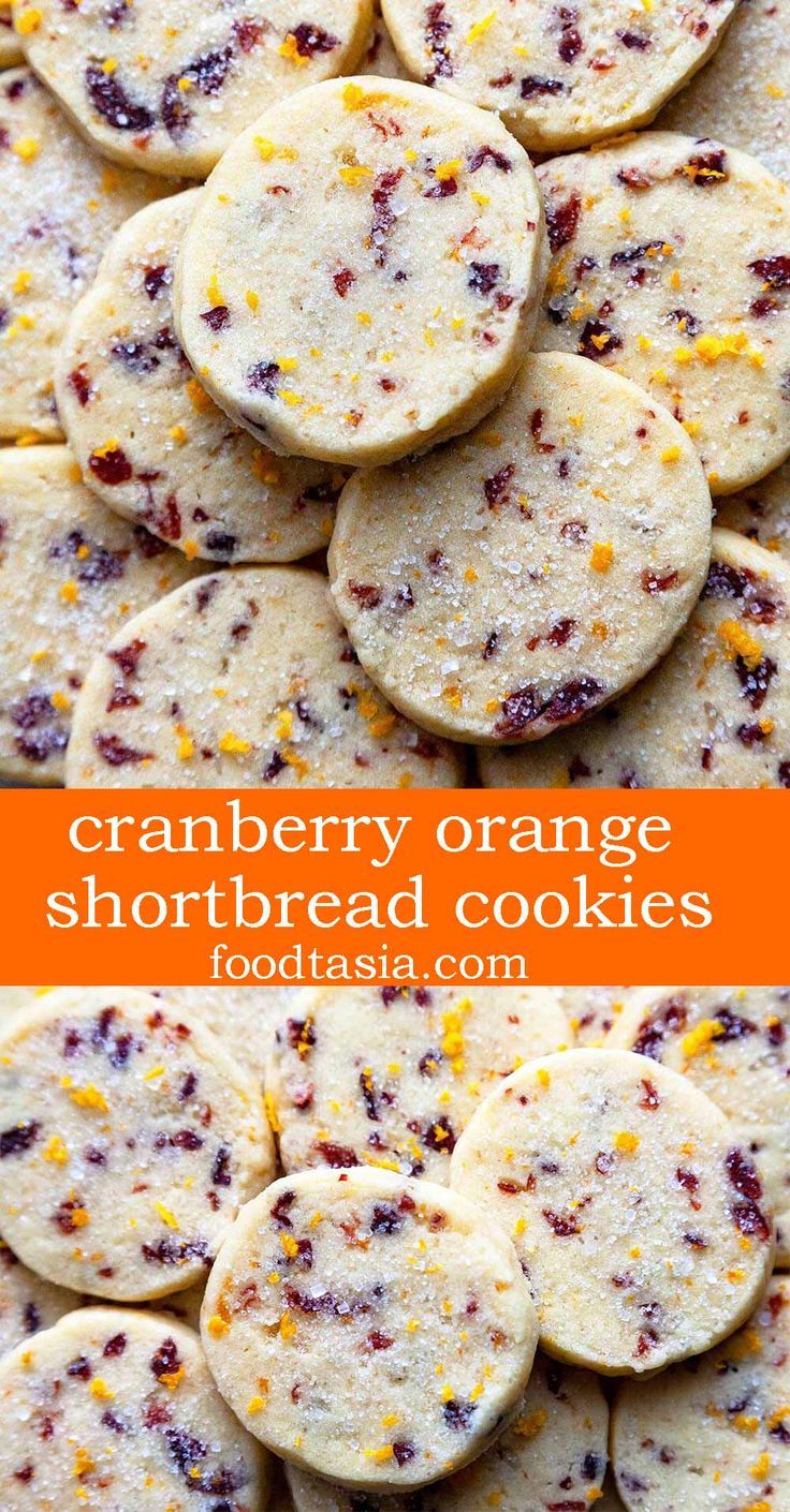 cranberry orange shortbread cookies are stacked on top of each other with the words,